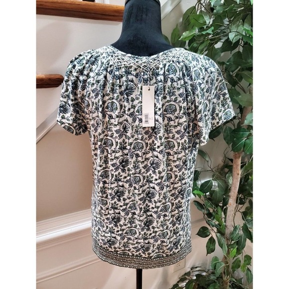 Lucky Brand White Floral Tassel Ties Round Neck Short Sleeve Top Blouse S/P - Picture 6 of 13